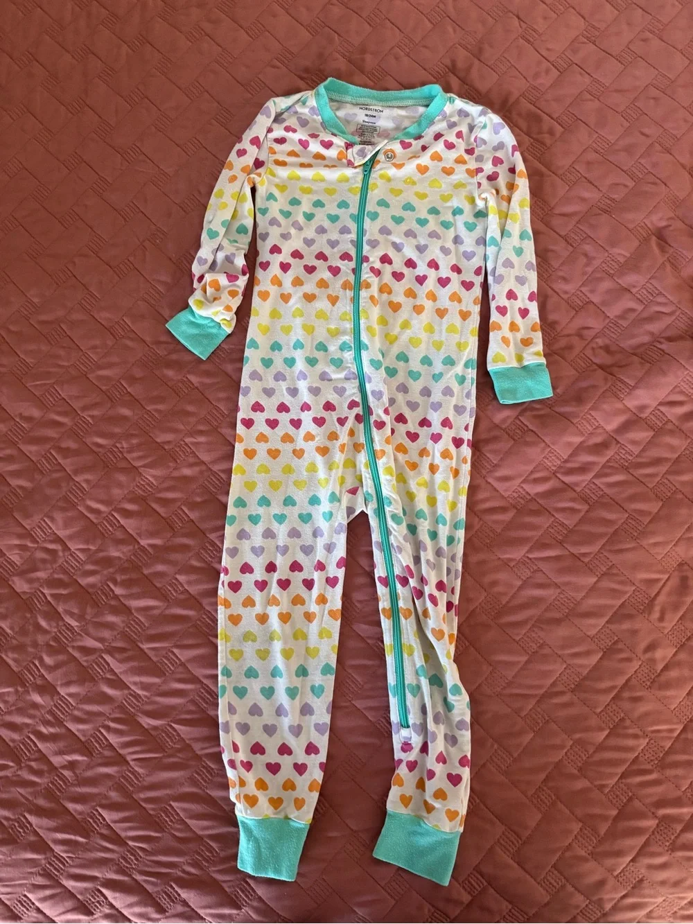Nordstrom Kids Heart-Print White Pajamas with Rainbow Hearts and Teal Trim